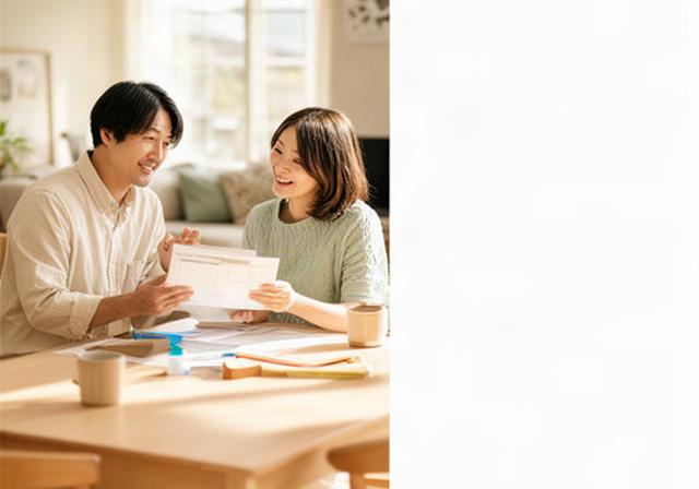 つくばの明るい住まいで家計表を見ながら相談する夫婦