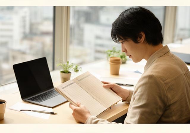 東京の明るいワークスペースで家計ノートを見つめる20代会社員